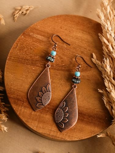 MINACHI Boho Antique Copper Tone Sunflower Teardrop Dangle Drop Earrings for Women with Turquoise Beads, Vintage Rustic Statement Jewelry Gift