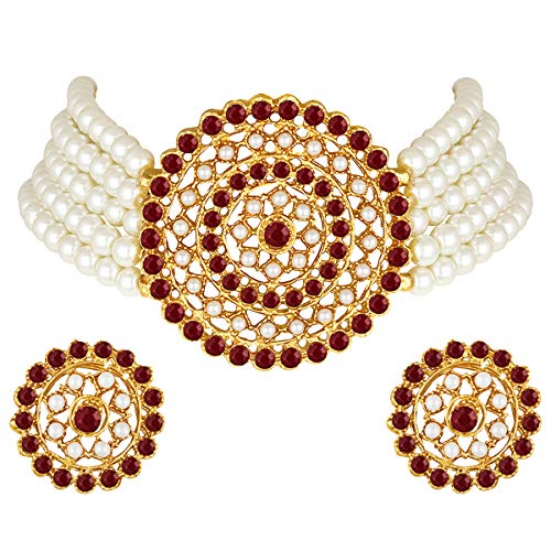 Aheli Pearl Diamond Choker Necklace & Round Earrings Gift for Women Indian Traditional Bollywood Fashion Bharatanatyam jewellery set - color: White & Maroon