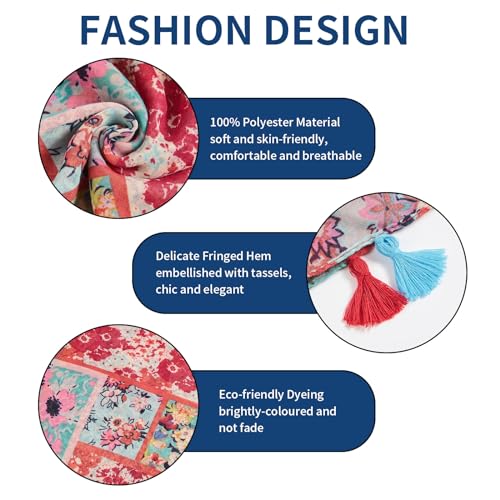 QIUTIMIY Scarf for Women Lightweight Soft Floral Leopard Printed Scarves Fall Winter Fashion Shawl Wrap with Fringe - color: Flower-red Sblue