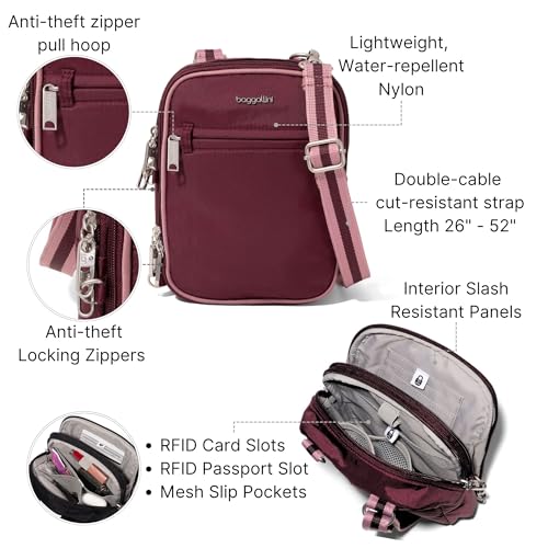 Baggallini Securtex® Anti-theft Mini Everything Crossbody Bag, 6.3"x8.25" Rfid, Locking Zippers & Cut-resistant Strap - color: Jam/Dusty Mauve
