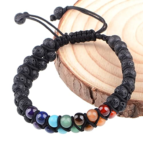 MASSIVE BEADS Double Layer Natural Chakra Healing Power Crystals Macrame Bracelet Yoga Stone Beads Gemstone Meditation Relax Anxiety Bangle for Unisex Women Men - color: 7-Chakras&Lava, size: 6mm