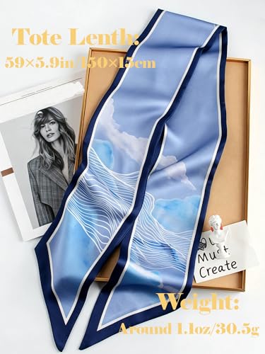 kcctoo 59" Mulberry Silk Like Head Scarf Women's Fashion Square Neck Satin Scarfs for Bag Hair Scarves Gift 59 * 5.9” - color: B001-mystic Blue