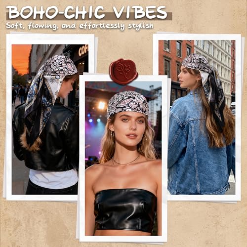 Large Square Head Scarf Bandana - 35" Satin Hair Scarf for Women Like Silk Scarf Fashion Hair Wrapping - color: Paisley Garden(black), size: 35IN*35IN