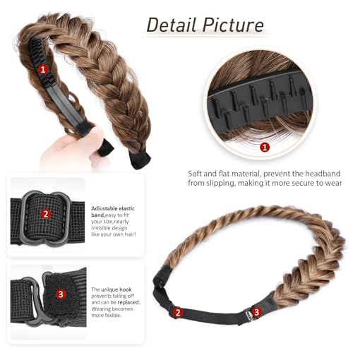 2PCs Braided Headband with teeth Handmade Messy Wide Synthetic Hair Elastic Stretch Fluffy Hairpiece for Brides (Claybank) - color: Claybank