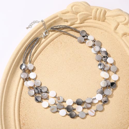 Noessla Layered Beaded Chunky Necklace for Women Boho Two-color Shell Statement Necklace Fashion Collar Costume Jewelry Gifts for Mum - color: White