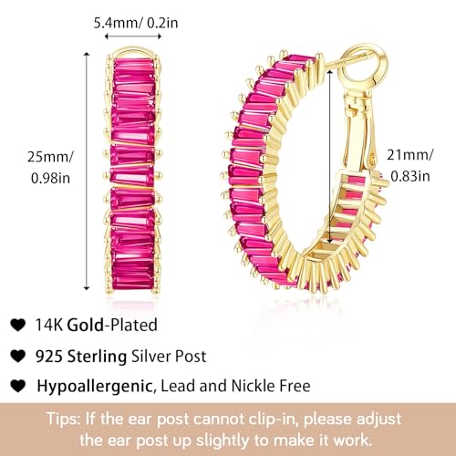 Trendy 14K Gold Plated Hoop Earrings for Women, Chunky Gold/Silver Earrings for Women Cubic Zirconia Baguette Hoop Earrings Heart Hoops Lightweight Hypoallergenic Jewelry,25mm/35mm/40mm/50mm - color: 00 Gold Hot Pink Hoops 25mm