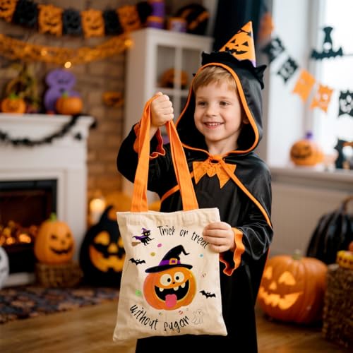 Kovewon Trick or Treat Bags Halloween Tote Bags for kids Halloween Treat Bags with handles Reusable Large Canvas Bucket for Candy - color: Halloween 2