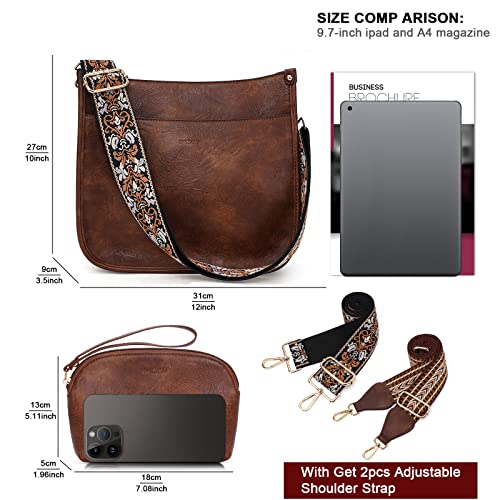 HKCLUF Crossbody Bag Purse for Women 2PCS/Set Leather Hobo Handbag Wallet Set With 2Adjustable Guitar Strap Shoulder Bag | Purse - color: A13-browncoffee