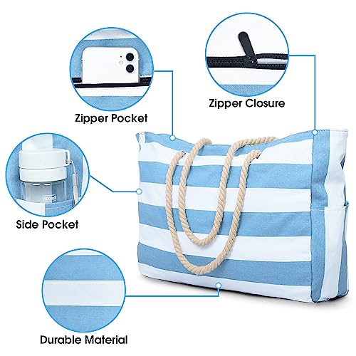 Becokan Beach Bag Large Beach Tote Bag for Women Waterproof Sandproof Swim Pool Bag With Zipper - color: Sky Blue