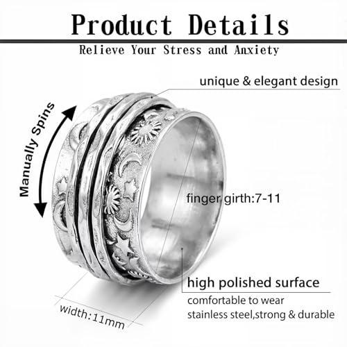 Stainless Steel Rings for Men Women, Vintage Chunky Silver Spinner Ring Band for Meditation, Relaxation& Stress Relief, Retro Wide Wrap Thumb Finger Midi Rings, Statement Cool Punk Band Ring Jewelry - color: R08Color2