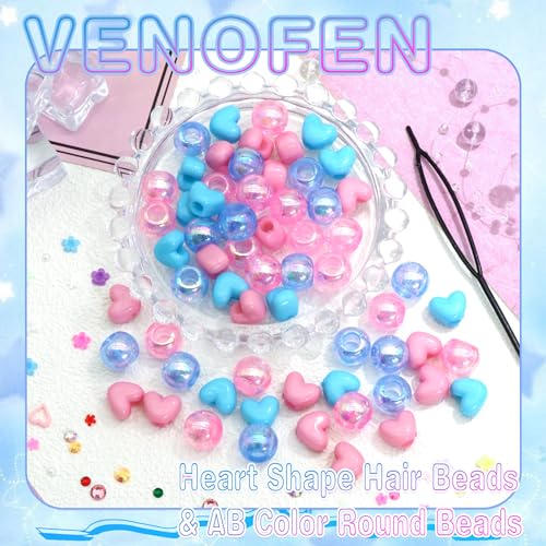 60PCS Hair Beads for Braids Pink Blue Heart Shape Loc Bead Jewelry AB Color Round Dreadlock Beads Hair Accessories - color: Blue&Pink