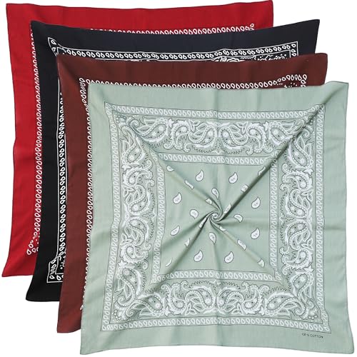 Mochabao 100% Cotton 27" x 27" Large Bandanas for Men & Women, Multi-Purpose Bandana Headbands, Square Head Scarf - color: Red/Black/Brown/Sage Green