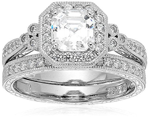 Amazon Essentials Platinum or Gold Plated Sterling Silver Antique Ring set with Asscher-Cut Infinite Elements Cubic Zirconia - color: White Zircon/Platinum, size: 6