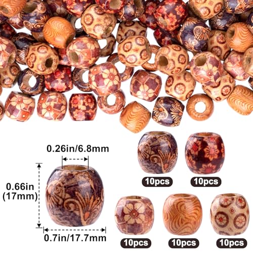Pndeyo 50pcs Wooden Beads for Crafts, Round Large Hole Natural Wood Hair Bead, Vintage Wooden Spacer Beads for Macrame Necklace Bracelet DIY Craft Handmade Decor - color: Brown,50pcs,D Style