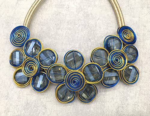 Statement Chunky Flower African Necklace For Women Tribal Fashion Costume Jewelry Earring Sets Unique Big Colorful Rhinestone Crystal Pendent Collar Choker Bib Handmade - color: Bib blue plus gold