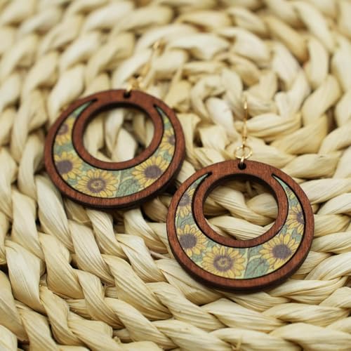 Boho Teardrop Earrings, Handmade Copper Bohemian Earrings, Dangle Antique Ethnic Jewelry for Women - color: Wood Sunflower