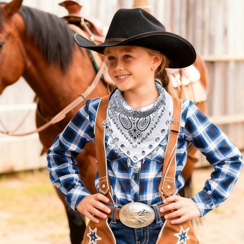 AWAYTR 100% Cotton Bandana for Cowgirl Western Cowboy Costume, 21 Inch Paisley Scarf with Grommet Western Ornaments - color: White