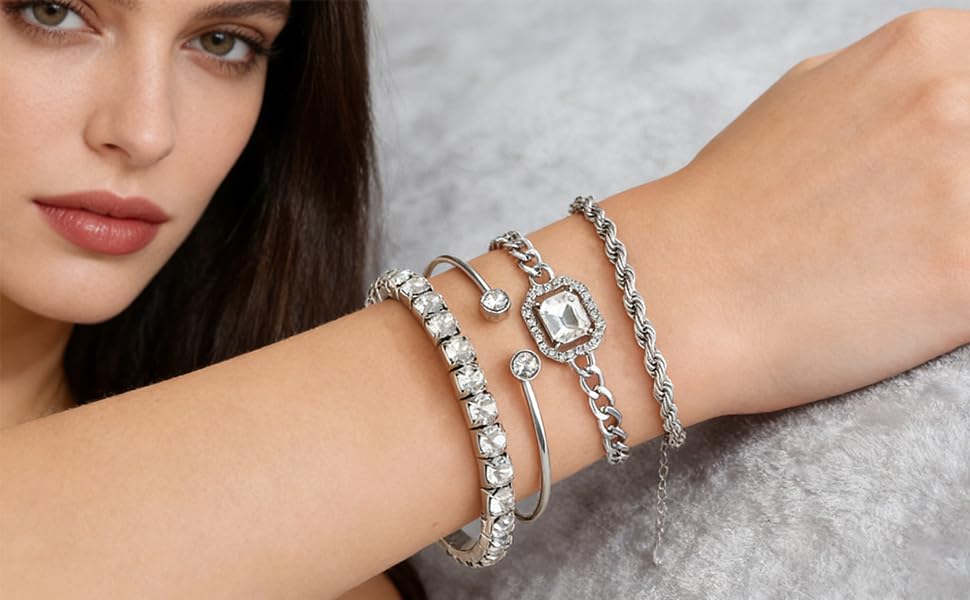 Alegend Titanium Steel (Not Rust, Resist Corruption, Easily Clean) 18K Gold Plated Single Bracelets + 14K Gold Plated Stackable Multilayer Bracelets - style: 14KSilver + 4PCS A