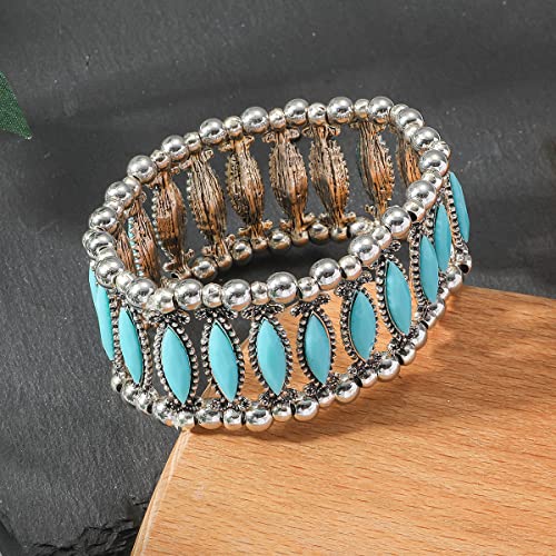 COLORFUL BLING Bohemian Simulated Turquoise Stretch Bangle Bracelet for Women Adjustable Ethnic Natural Stone Statement Wide Wrap Bracelet Boho Jewelry - color: long blue