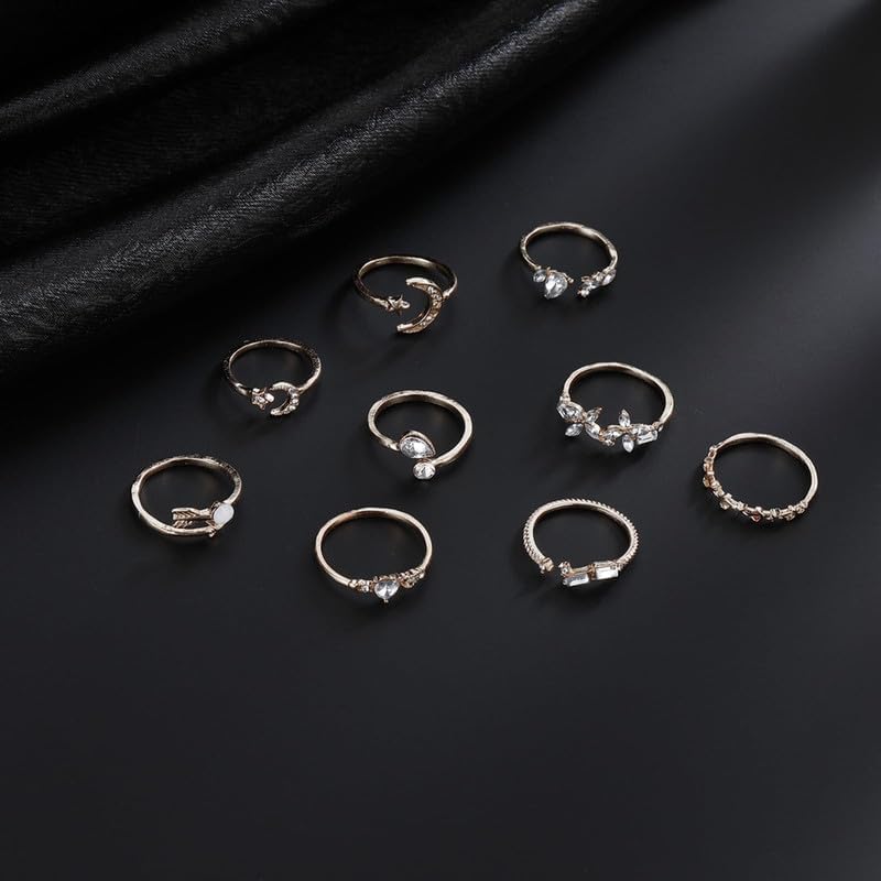 Gold Stackable Rings Set Moon Star Design Adjustable Rings for Everyday Wear Mid FingerPinky Ring Trendy Jewelry Gifts - color: I1