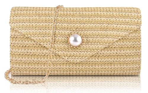 PACETAP Straw Clutch Purse for Women, Pearl Decoration Boho Crossbody Bags Handbags for Beach Travel Vacation Party Prom - color: Straw Primary Color