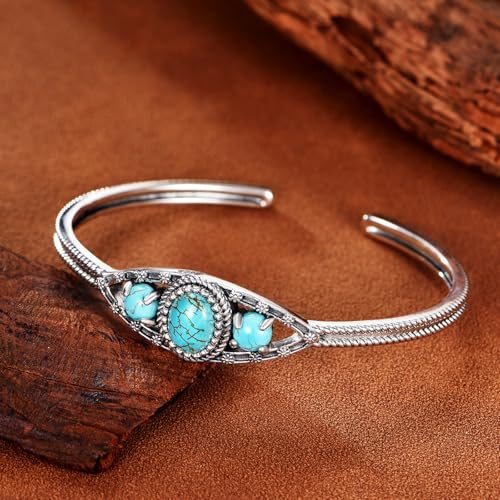 Genuine 3 Turquoise Stone Bracelet, Sterling Silver Boho Adjustable Large Bangle Cuff Native American Jewelry for Women, Fit for 6.5 7 7.5 Inches