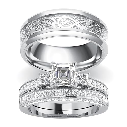 3Pcs Moissanite Wedding Rings Sets for Couples, s925 10K 14K 18K Real Gold Wedding Rings Sets for Him and Her, Customized Matching Engagement Bands Set for Men and Women Free Engraving - style: Style-5