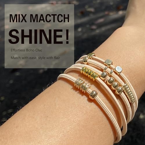 Blonde Boho Hair Ties Bracelet, Cute Ponytail Holders with Gold Bead Jewelry for Women, Trendy Elastic Hair Accessories for Thick, Thin, Curly Hair (Beige) - color: Beige-06