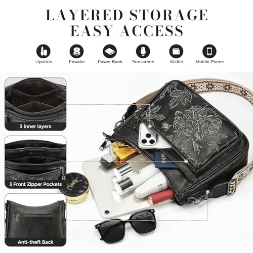Crossbody Bags for Women, Vegan Leather Medium Crossbody Purse, Spacious Daily Travel Shoulder Bag with Boho Strap - color: Black Silver
