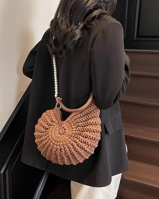 Handmade Crochet Tote Bag Seashell Purse for Women Boho Shell Handbag Crossbody Shoulder Bag Summer Beach Clutch Hobo Handbag - color: Coffee