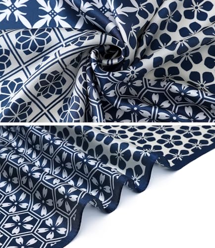 STARWHISPER 100% Pure Mulberry Silk Square Scarf-27''x27 Lightweight Hair Scarves Headscarf Night Sleeping with Gift Packed - color: Navy Bloom Mix