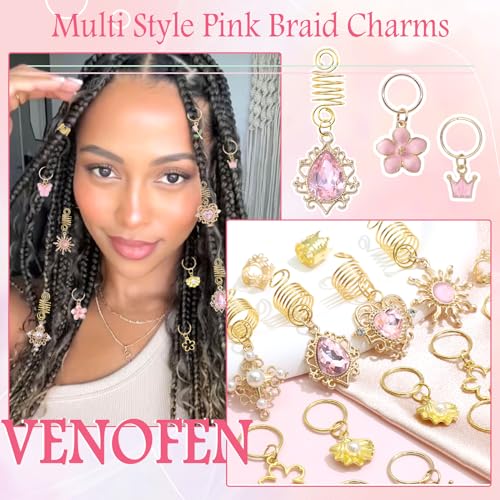 36PCS Pink Crystal Hair Jewelry Butterfly Braids Clips Flower Loc Jewelry Pearl Hair Charms Gold Hair Cuffs Rings Valentine's Day Braids Accessories for Women and Girls - color: Gold&Pink