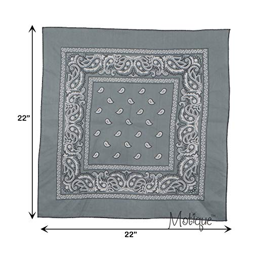 Motique Accessories Set of 3 Paisley Bandanas – 100% Cotton 22 Inch Head Scarf Neck Bandana Face Cover - color: Light Grey