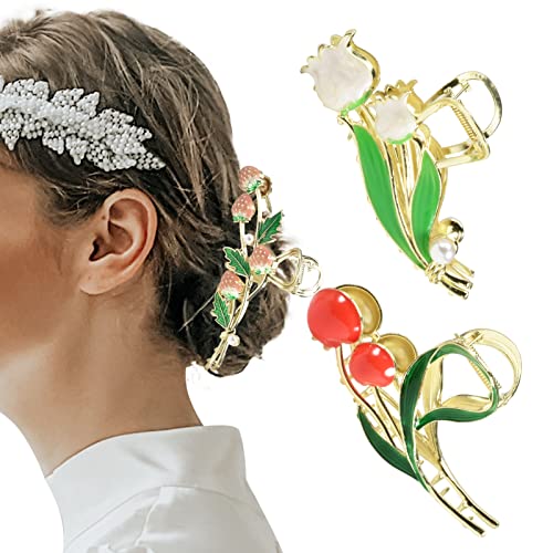 3-Piece Floral Metal Hair Accessories: Strawberry Cherry Tulip Barrettes, Elegant Strong Hold Non-Slip Clamps for Thin/Medium Thick Hair