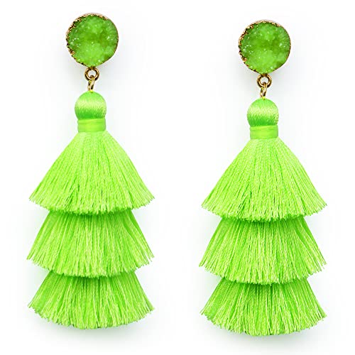Me&Hz Colorful Layered Tassel Earrings Bohemian Statement Tiered Tassel Big Dangle Drop Earrings for Women Druzy Studs Valentine’s Day Gift - color: Fluogreen