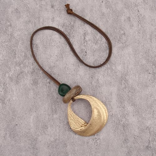 Boho Necklace for Women, Long Chunky Leather Hammered Pendant Adjustable Handmade Jewelry