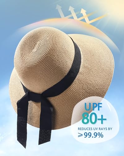 FURTALK Womens Beach Sun Straw Hat UV Protection Travel Packable Foldable Brim Summer UV Hat - color: Pure Khaki, size: Medium-Large