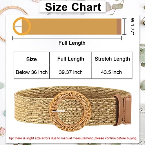 2 Pieces Women Straw Woven Elastic Stretch Waist Belt Skinny Dress Braided Waist Belt with Wooden Style Buckle - color: Black and Khaki