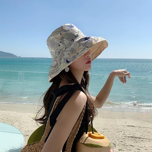 HUAMULAN Women Summer Sun Hat Wide Brim Wired Edge Floral Beach Bucket Hats Reversible Foldable Travel UV Protection Lady Hat - color: M1744-mise