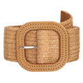 SUOSDEY Straw Woven stretchy Waist Belt for Women Dresses,Wide Boho Braided Elastic Belt with Round Buckle - color: 02-camel Square, size: Fits waist from 28"-32"
