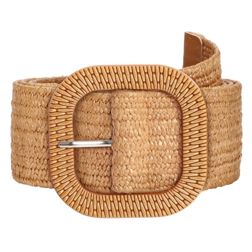 SUOSDEY Straw Woven stretchy Waist Belt for Women Dresses,Wide Boho Braided Elastic Belt with Round Buckle - color: 02-camel Square, size: Fits waist from 33"-37"