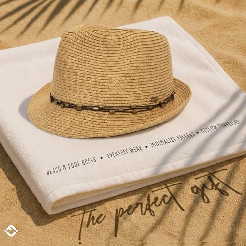 Funky Junque Straw Fedora Hats for Women - UPF 50+ Sun Hat, Short Brim Packable Beach Hat with Woven Pattern - color: Natural Multi W/ Beaded Ropes