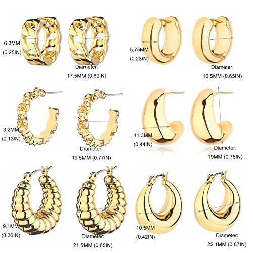 HILXURY Gold Chunky Hoop Earrings Set for Women, 14K Gold Plated Twisted Huggie Hoop Earring Hypoallergenic, Thick Open Hoops Set Lightweight - color: 6 gold chunky hoops