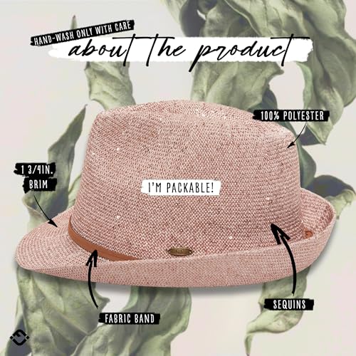 Funky Junque Straw Fedora Hats for Women - UPF 50+ Sun Hat, Short Brim Packable Beach Hat with Woven Pattern - color: Sequin - Rose