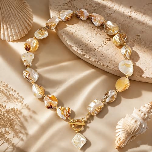 Chunky Shell Choker Necklace for Women,Natural Irregular Pearl Beaded Beach Necklaces,OT Buckle Pearl Pendant Choker,Bohemian Beach Necklace,Summer Beach Vacation Jewelry Gift for Women - color: Amber
