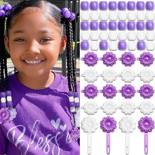 60PCS Hair Beads for Braids Loc Dreadlock Tube Bead Purple&White Pony Beads Self Hinge Flower Hair Barrette 80s 90s Hair Clips Cute Hair Accessories for Girls - color: Purple&White