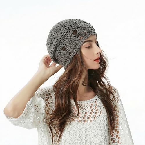 ZLYC Women Cotton Crochet Slouchy Beanie Hat Handmade Knit Summer Skull Cap - color: Flowers Grey