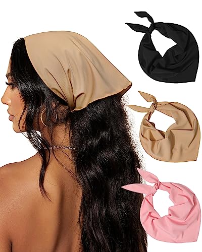 AWAYTR 3Pcs Hair Bandanas Head Kerchief for Women Girls Tie-Back Boho Hair Scarf Headband Bandana Triangle Head Scarf - color: Solid Color - Khaki / Pink / Black