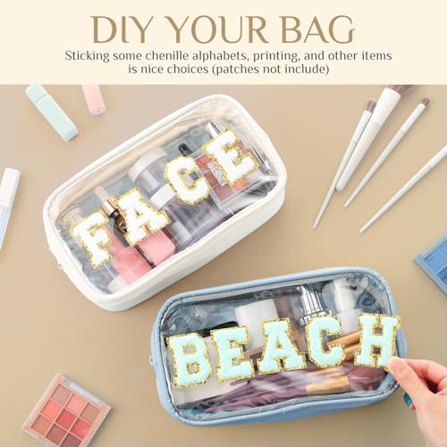 9 Pcs Preppy Clear Makeup Bag DIY Chenille Letter Pouch Large Nylon Makeup Bag Travel Toiletry Zipper Cosmetic Organizer Pouch PVC Bags for Women, 9.5 x 5.1 x 2.8 Inch (Morandi Color) - color: Morandi Color