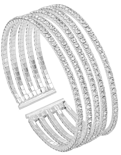 Women's Multi-Layer Rhinestone Cuff Bracelet Sparkling Crystal Tennis Bangle for Bridal Wedding Party - color: 1182 Silver